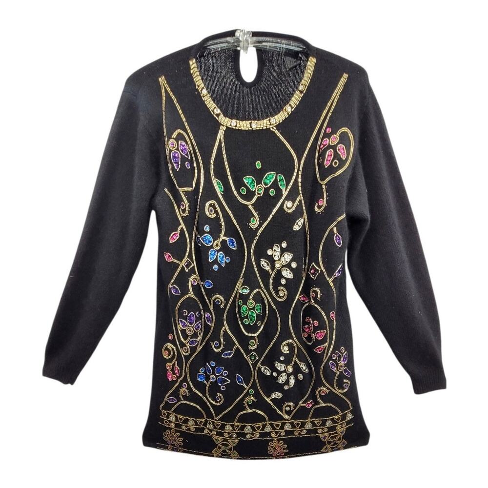 Gladys Bagley Black Silk Angora Beaded Sweater Vintage 80s Glam Retro Holiday